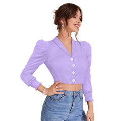 Women's Polyester Solid Puff Sleeves Lapel Collar Top (Purple)