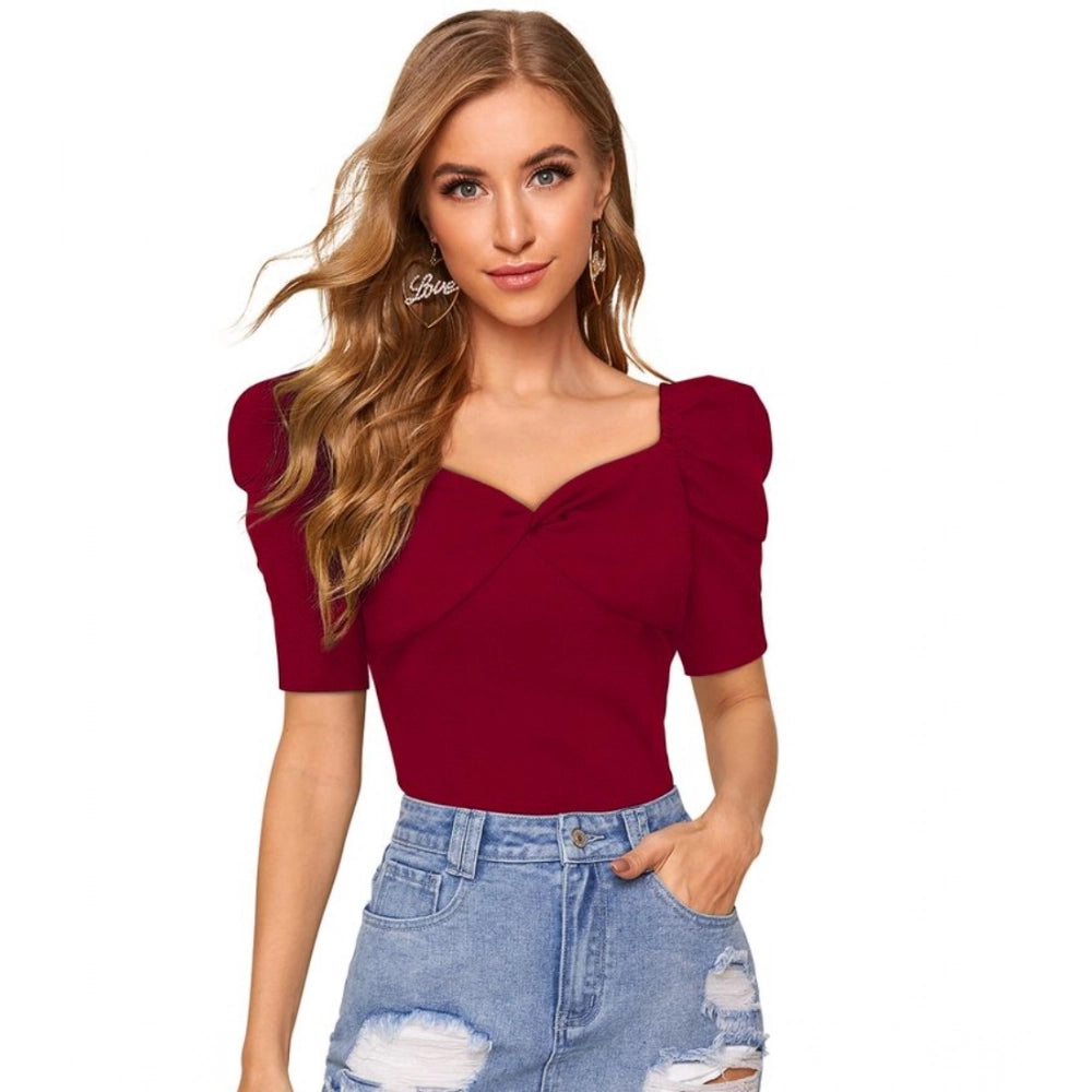 Women's Polyester Solid Puff Short Sleeves Sweetheart Neck Top (Maroon)