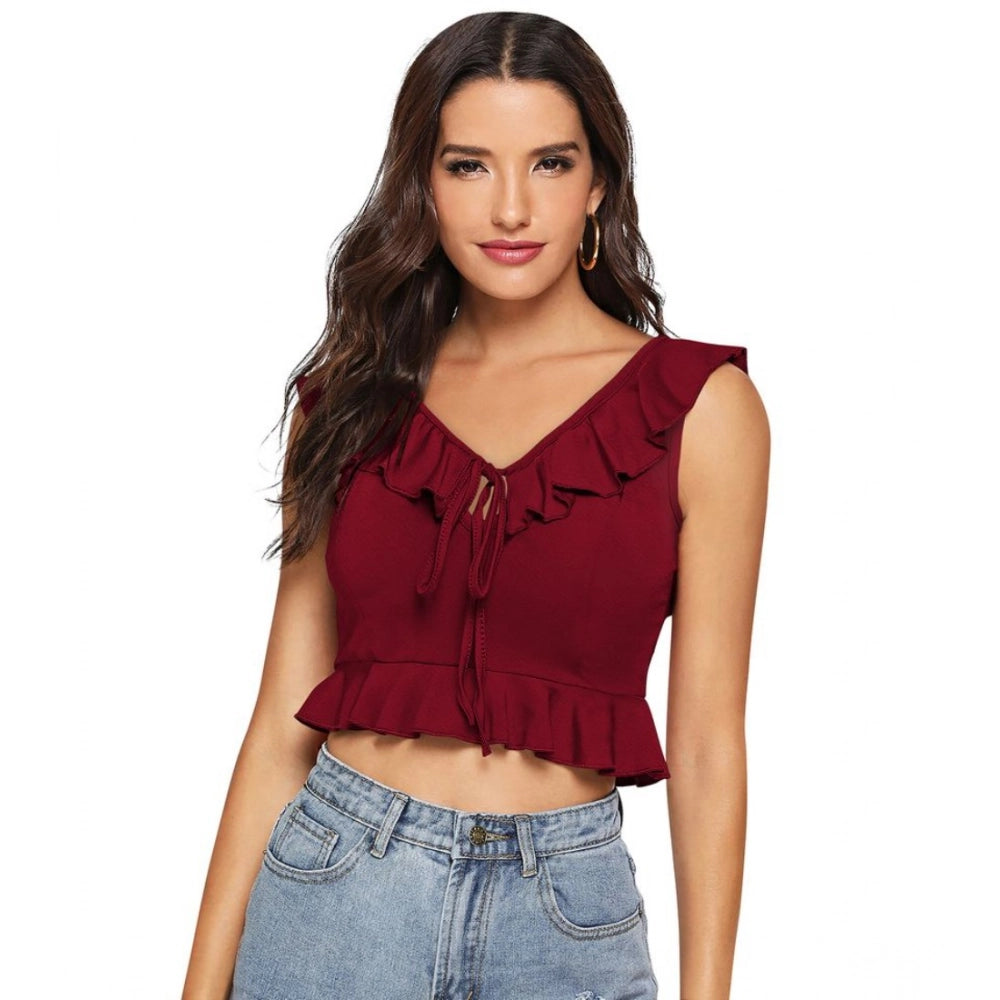 Women's Polyester Solid Sleeveless Ruffle Neck Top (Maroon)