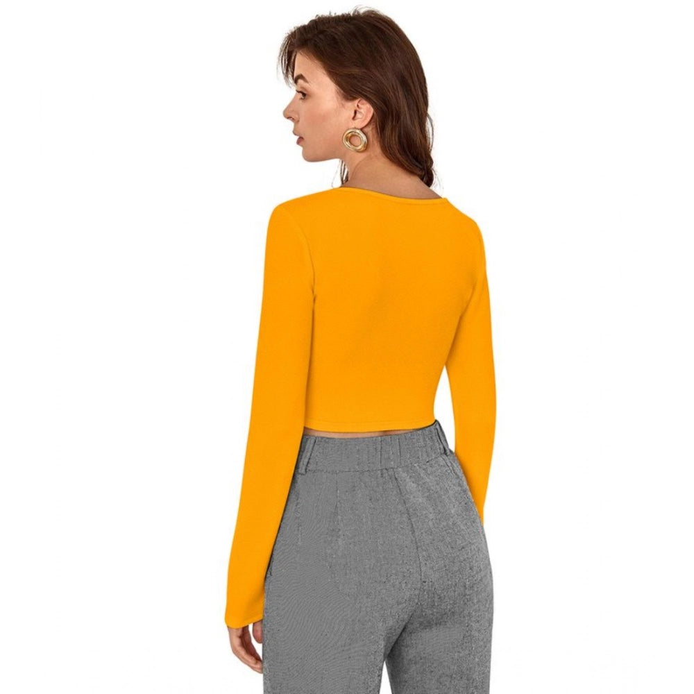 Women's Polyester Solid Full Sleeves Square Neck Top (Yellow)