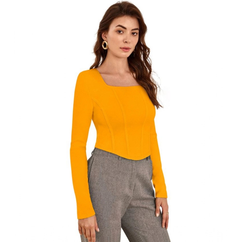 Women's Polyester Solid Full Sleeves Square Neck Top (Yellow)