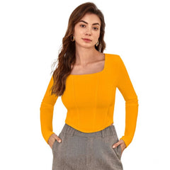 Women's Polyester Solid Full Sleeves Square Neck Top (Yellow)