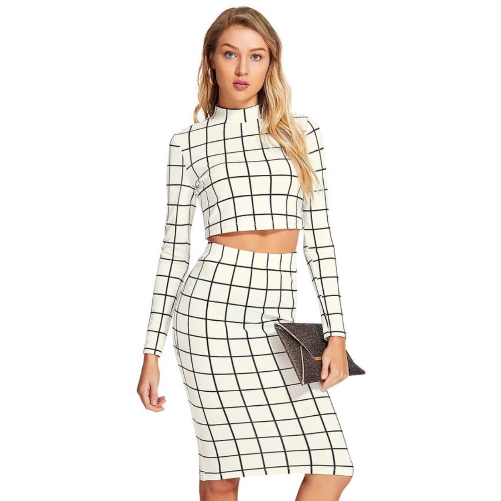 Women's Polyester Checkered Full Sleeves Stand Collar Crop Top Skirt Set (White)