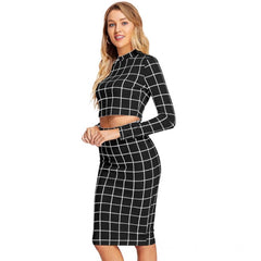 Women's Polyester Checkered Full Sleeves Stand Collar Crop Top Skirt Set (Black)