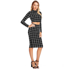 Women's Polyester Checkered Full Sleeves Stand Collar Crop Top Skirt Set (Black)