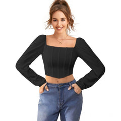 Women's Polyester Solid Long Sleeves Square Neck Top (Black)