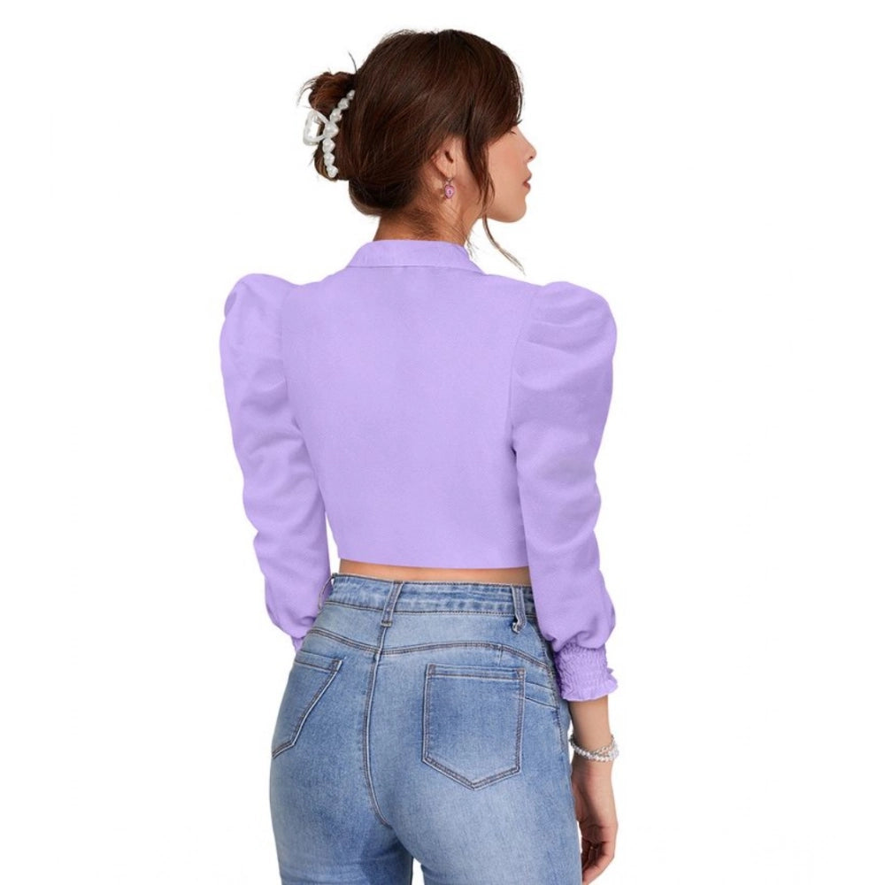 Women's Polyester Solid Puff Sleeves Lapel Collar Top (Purple)