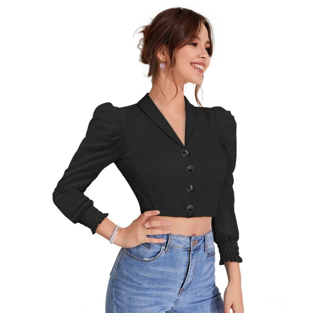 Women's Polyester Solid Puff Sleeves Lapel Collar Top (Black)