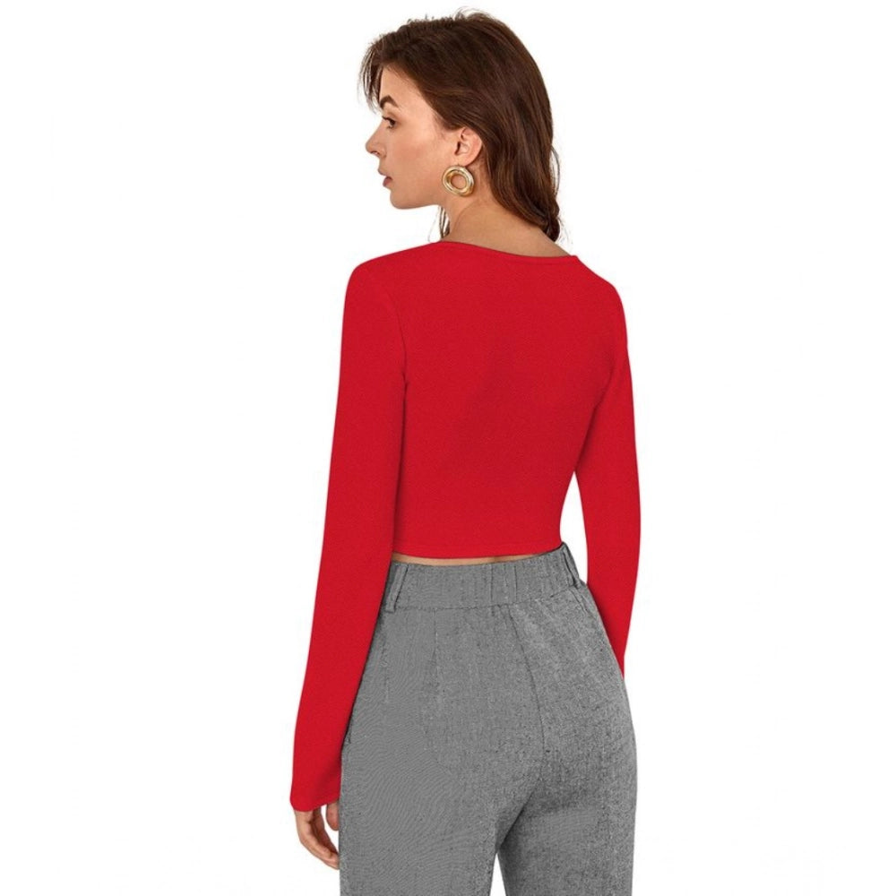 Women's Polyester Solid Full Sleeves Square Neck Top (Red)