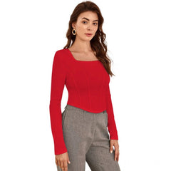 Women's Polyester Solid Full Sleeves Square Neck Top (Red)