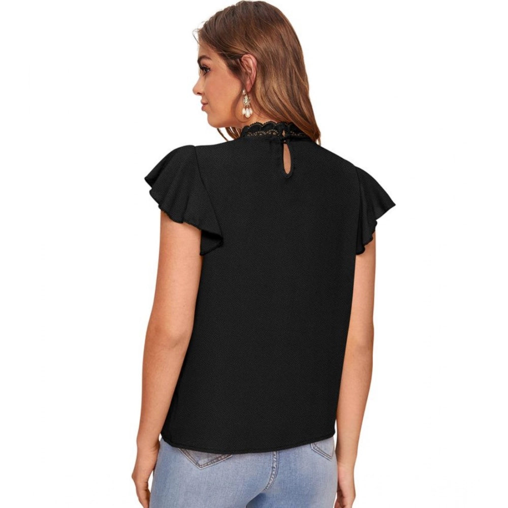 Women's Polyester Solid Cap Sleeve Sweetheart Neck Top (Black)