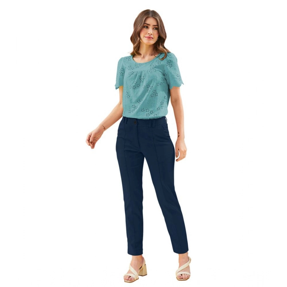 Women's Polyester Solid With Pocket Pant (Blue)