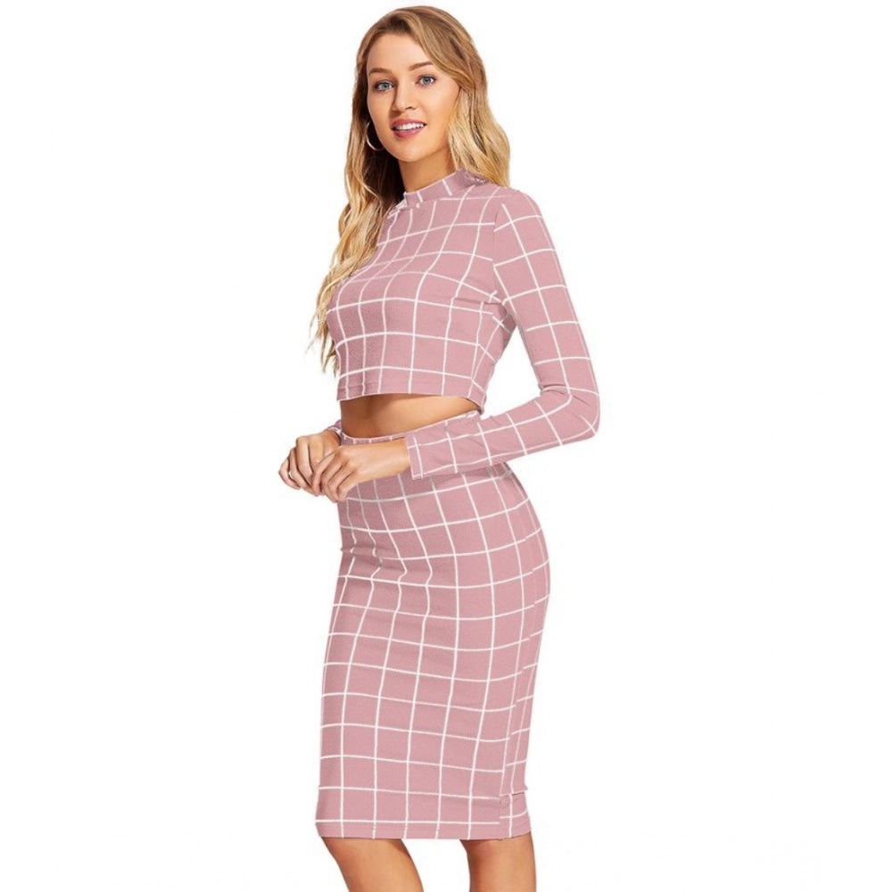 Women's Polyester Checkered Full Sleeves Stand Collar Crop Top Skirt Set (Pink)