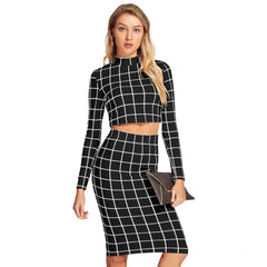 Women's Polyester Checkered Full Sleeves Stand Collar Crop Top Skirt Set (Black)