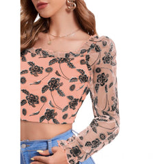 Women's Polyester Solid Full Sleeves Square Collar Top (Peach)