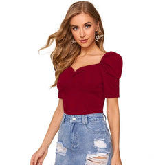 Women's Polyester Solid Puff Short Sleeves Sweetheart Neck Top (Maroon)