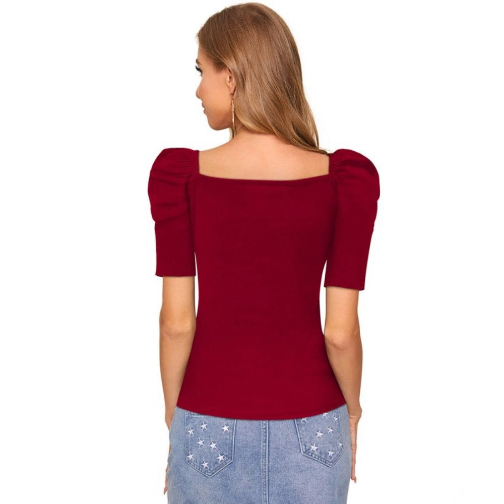 Women's Polyester Solid Puff Short Sleeves Sweetheart Neck Top (Maroon)