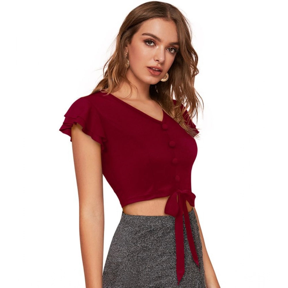 Women's Polyester Solid Short Sleeves V Neck Top (Maroon)