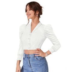 Women's Polyester Solid Puff Sleeves Lapel Collar Top (White)