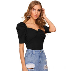 Women's Polyester Solid Puff Short Sleeves Sweetheart Neck Top (Black)