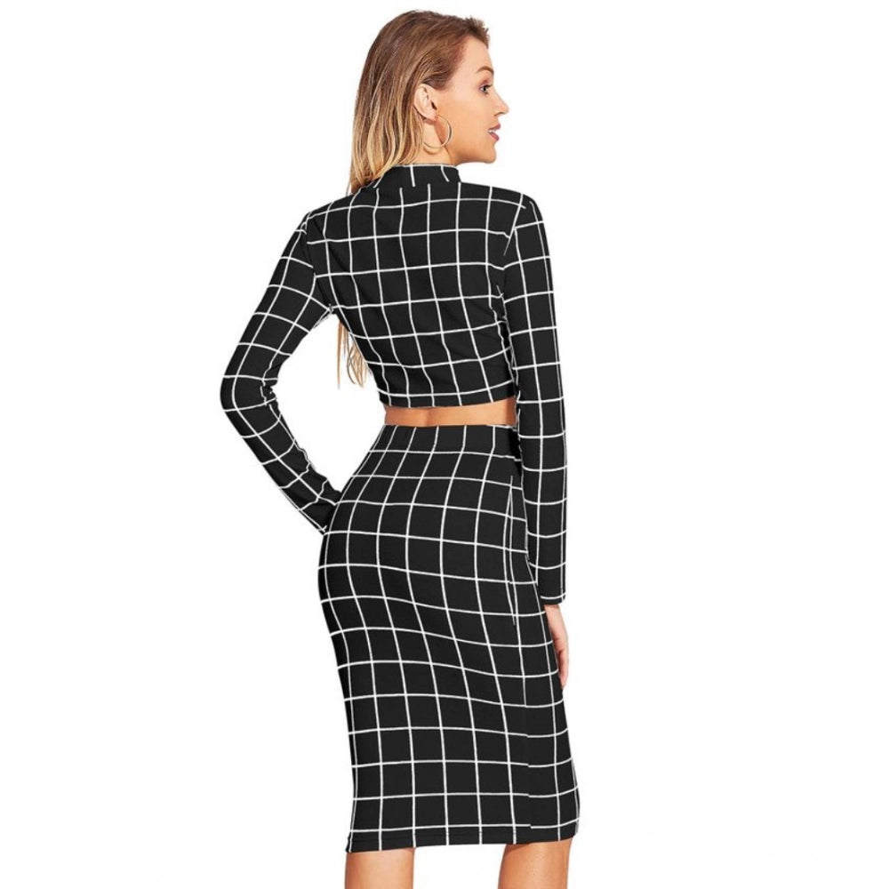 Women's Polyester Checkered Full Sleeves Stand Collar Crop Top Skirt Set (Black)