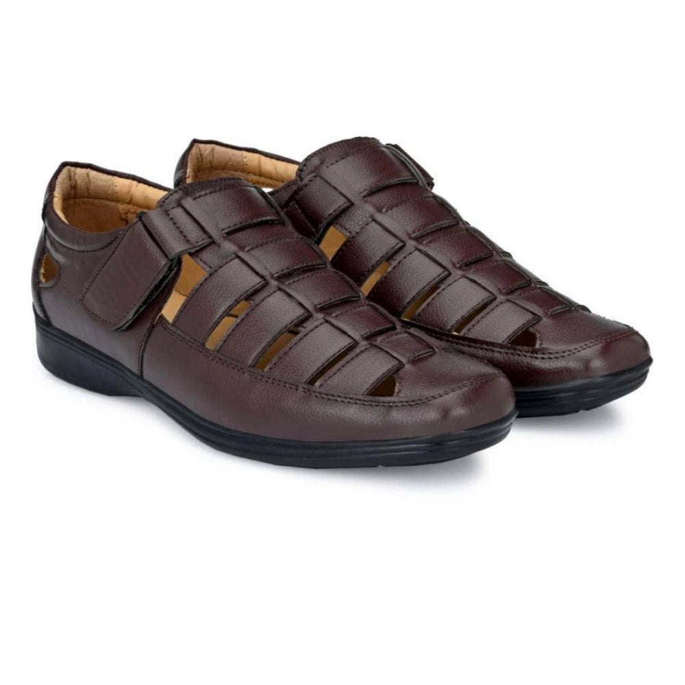 Men's Casual Faux Leather Solid Velcro Sandal (Brown)