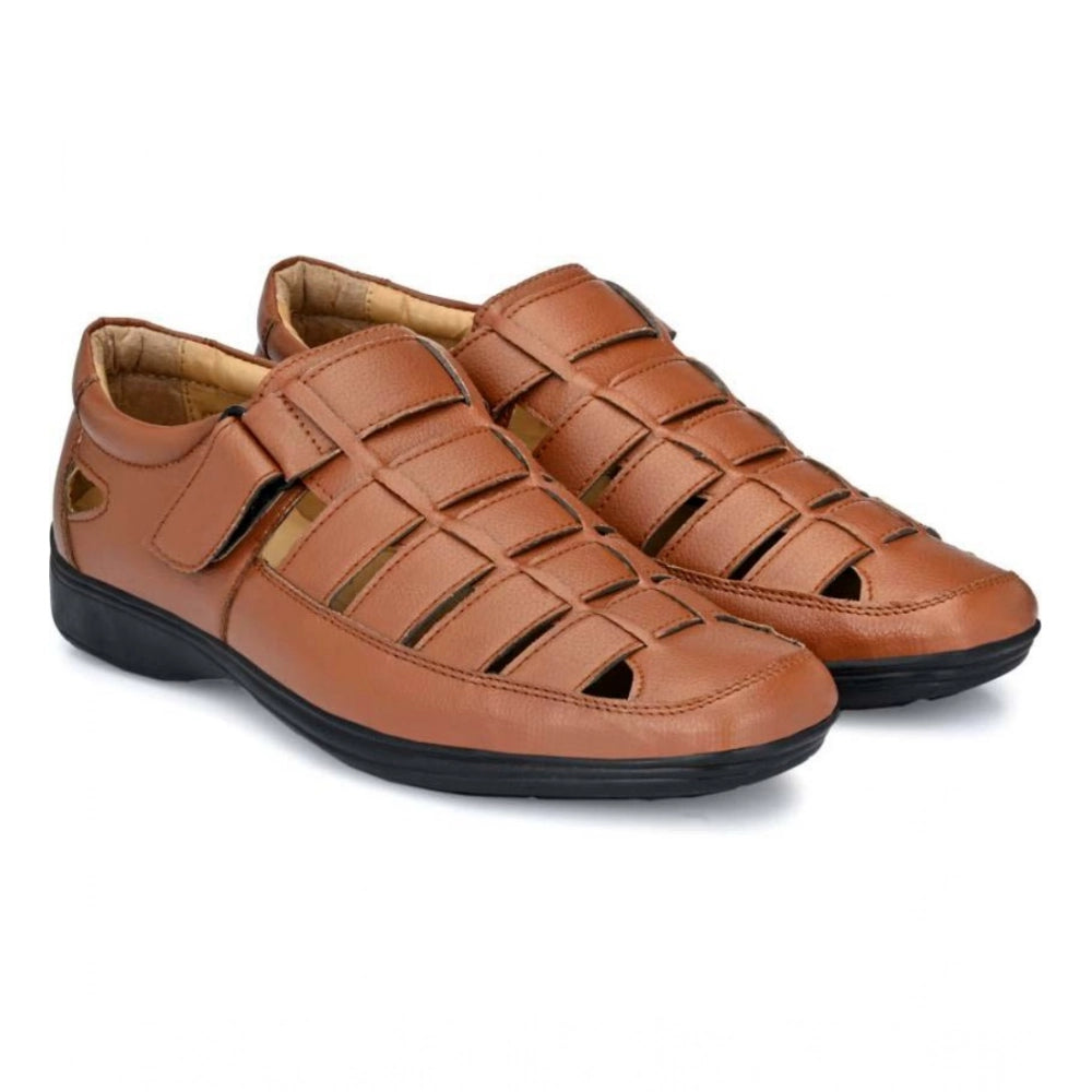 Men's Casual Faux Leather Solid Velcro Sandal (Tan)