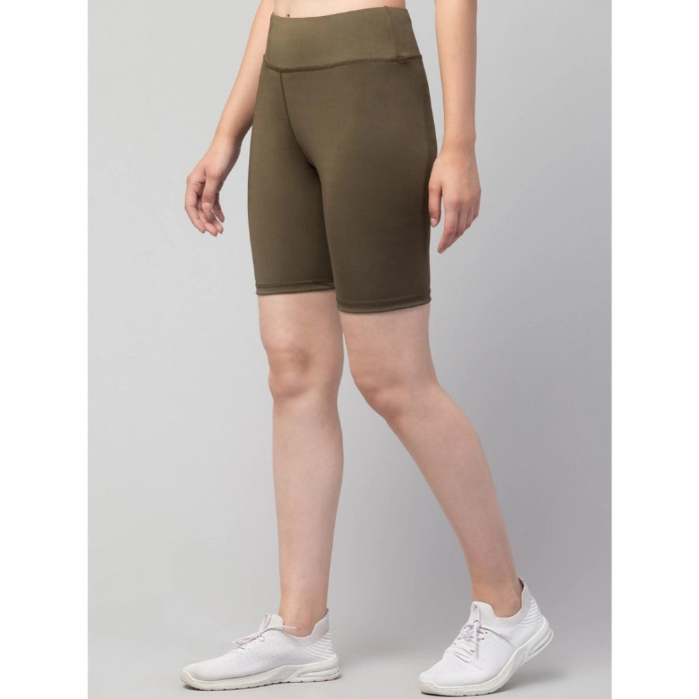 Women's Polyester Solid Above Knee High-Rise Shorts (Olive)