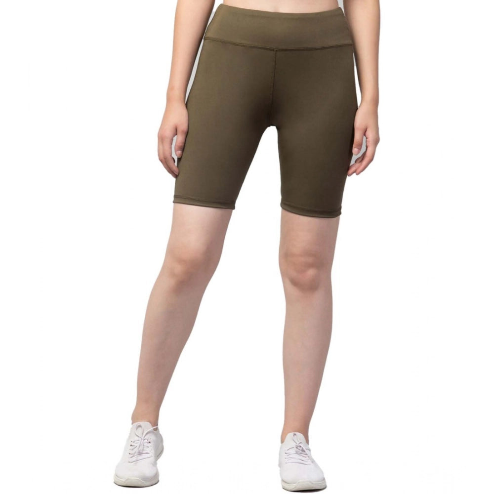 Women's Polyester Solid Above Knee High-Rise Shorts (Olive)