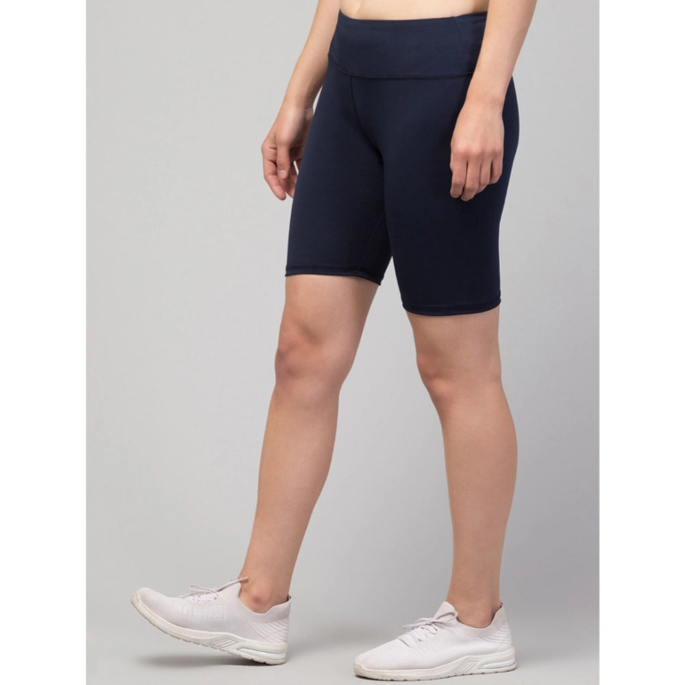 Women's Polyester Solid Above Knee High-Rise Shorts (Navy)