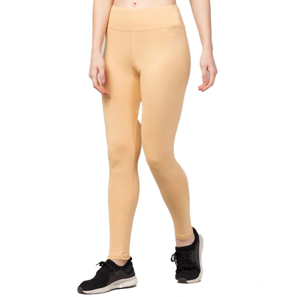 Women's Polyester Solid Ankle Length High-Rise Tights (Beige)