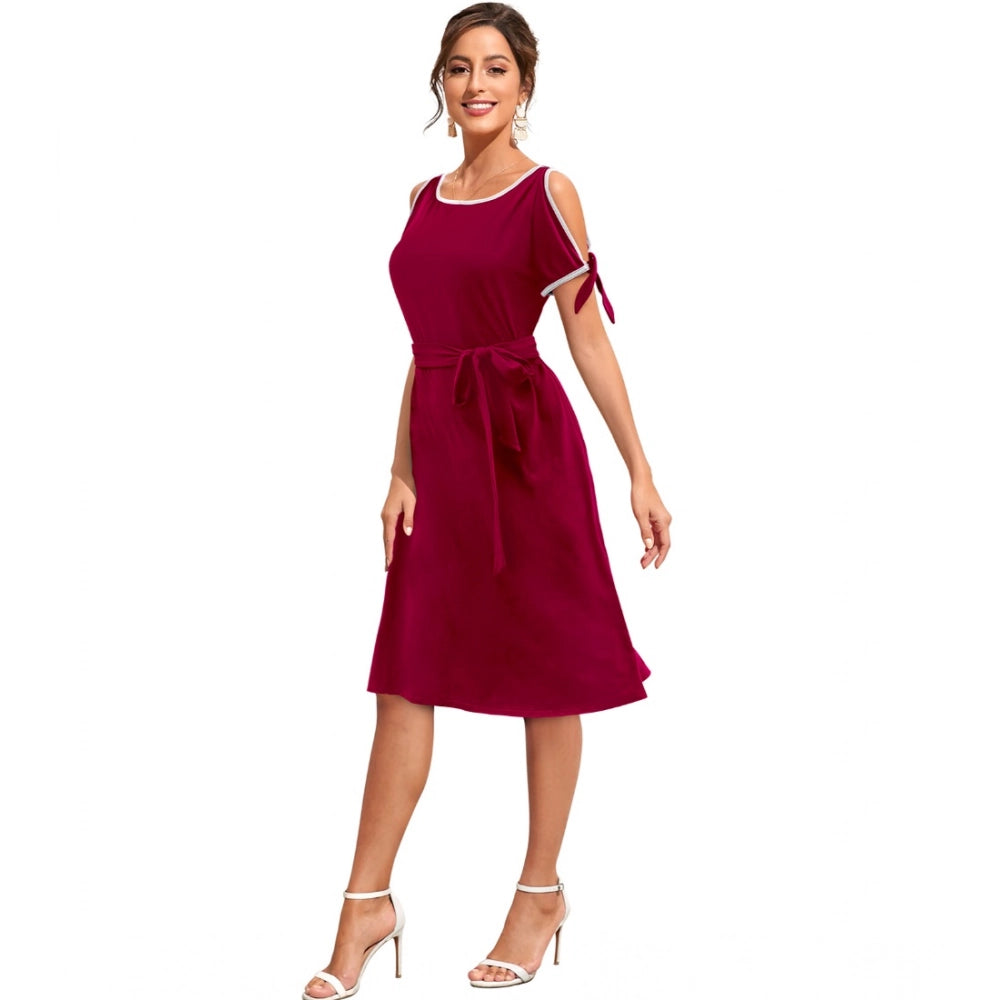 Women's Knitting strachable Solid Round Neck Sleeveless Dresses (Maroon)