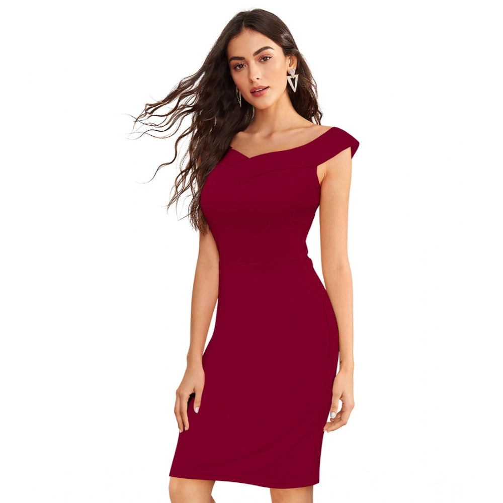 Women's Knitting strachable Solid Round Neck Sleeveless Dresses (Maroon)