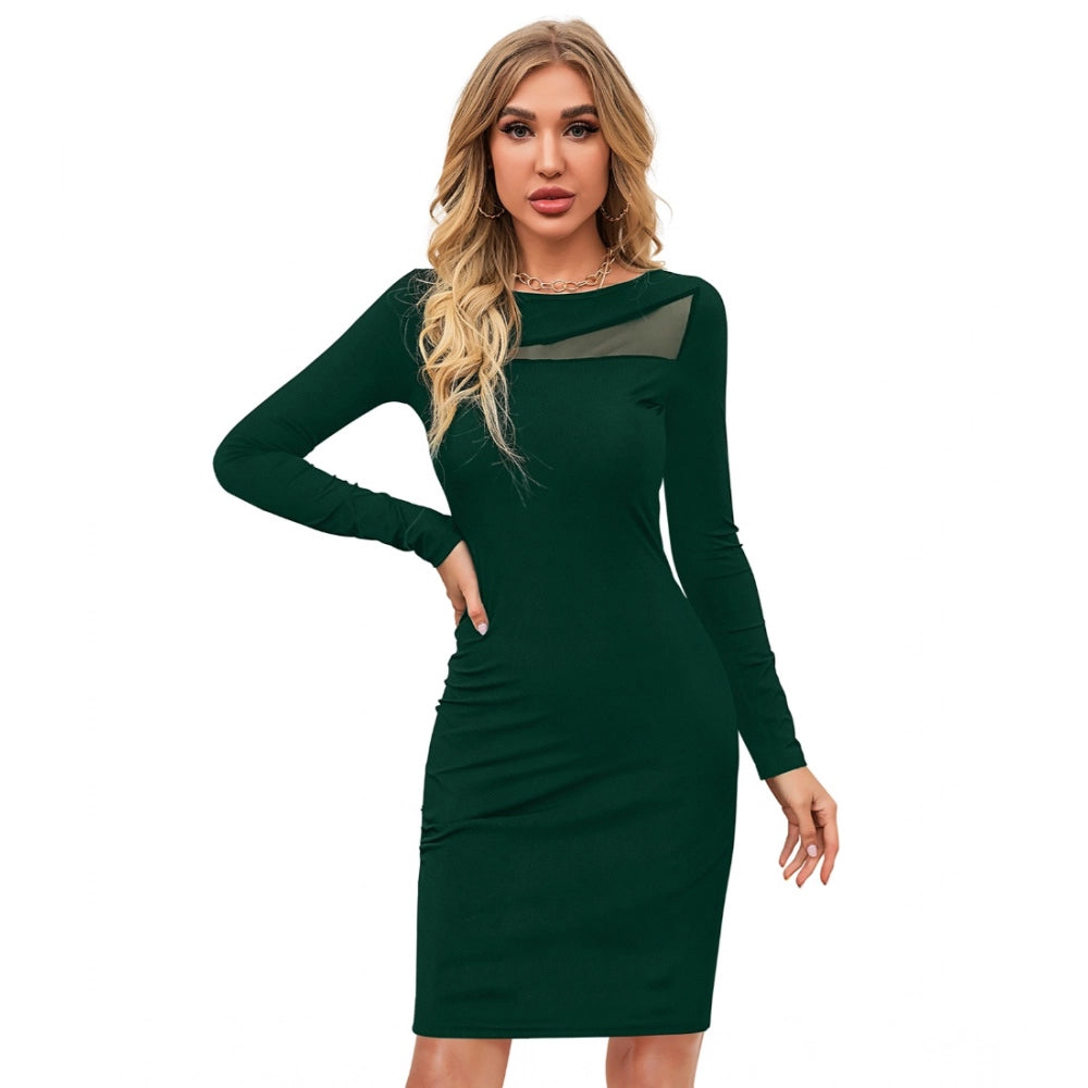 Women's Knitting strachable Solid Round Neck Full Sleeve Dresses (Green )