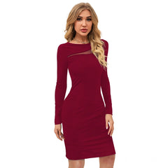 Women's Knitting strachable Solid Round Neck Full Sleeve Dresses (Maroon)