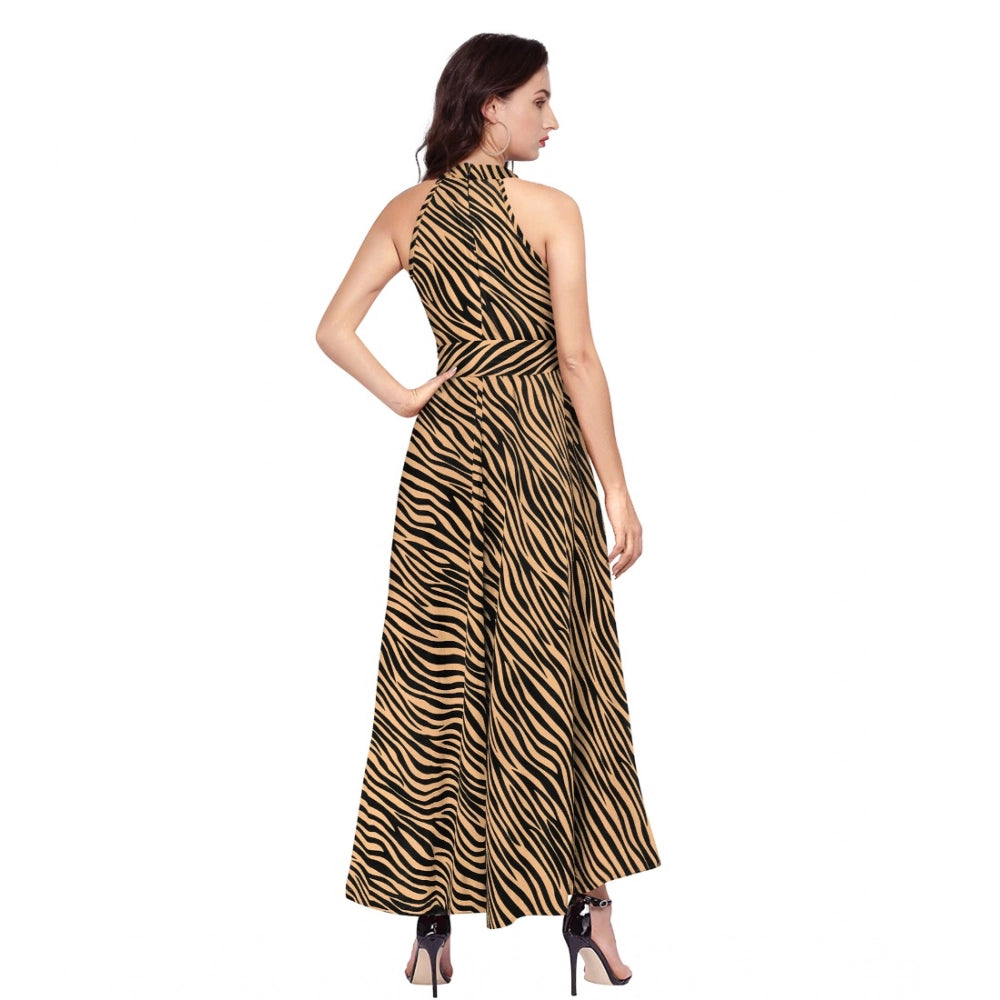 Women's Polyster Zebra Pattern Helter Neck Sleeveless Dresses (Yellow)