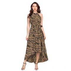 Women's Polyster Zebra Pattern Helter Neck Sleeveless Dresses (Yellow)