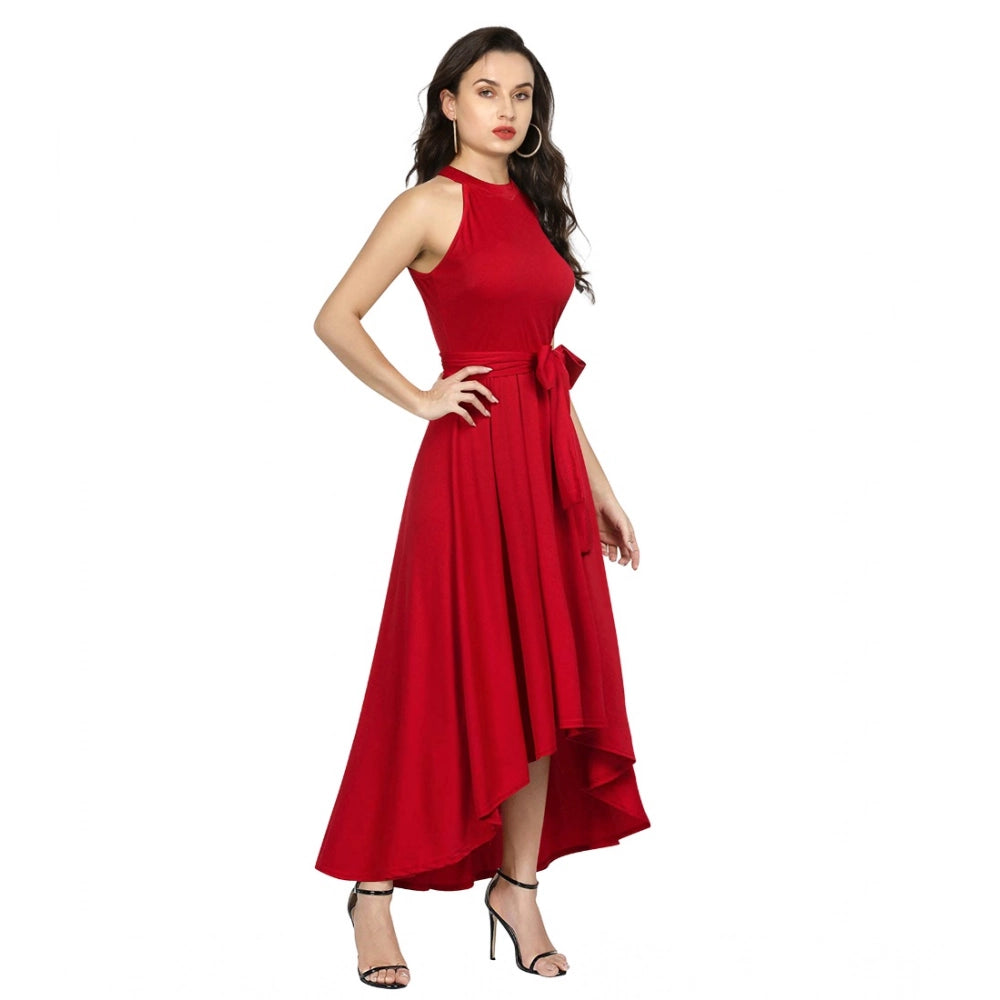 Women's Polyster Solid Helter Neck Sleeveless Dresses (Red)