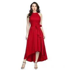 Women's Polyster Solid Helter Neck Sleeveless Dresses (Red)