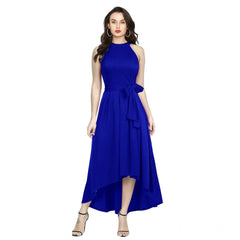 Women's Polyster Solid Helter Neck Sleeveless Dresses (Royal Blue)