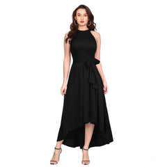 Women's Polyster Solid Helter Neck Sleeveless Dresses (Black)