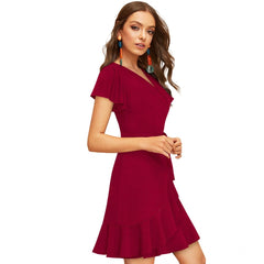 Women's Knitting strachable Solid V Neck Flaired Sleeve Dresses (Maroon )