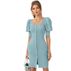 Women's Knitting strachable Solid Square Neck 3-4 Puff Sleeve Dresses (Pista)