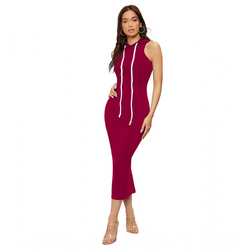 Women's Knitting strachable Solid Round Neck Sleeveless Dresses (Maroon)