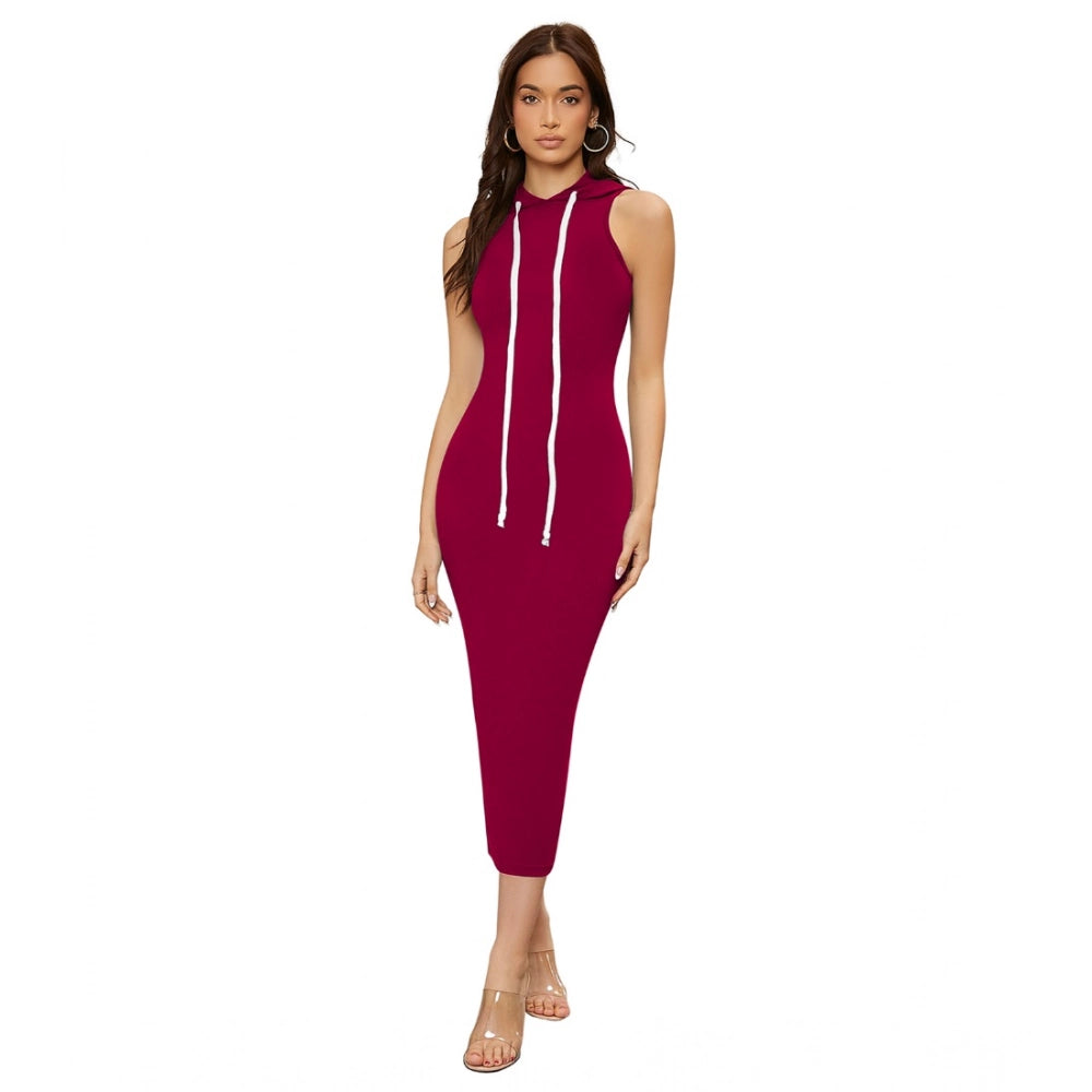 Women's Knitting strachable Solid Round Neck Sleeveless Dresses (Maroon)