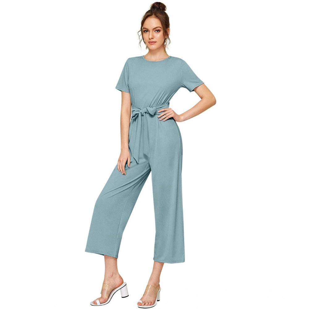 Women's Knitting strachable Solid Round Neck Cap Sleeve Jumpsuit (Pista )