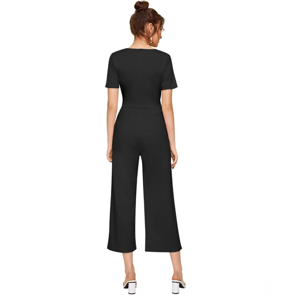 Women's Knitting strachable Solid Round Neck Cap Sleeve Jumpsuit (Black)