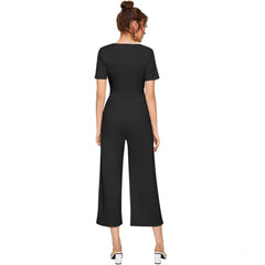 Women's Knitting strachable Solid Round Neck Cap Sleeve Jumpsuit (Black)