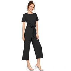 Women's Knitting strachable Solid Round Neck Cap Sleeve Jumpsuit (Black)