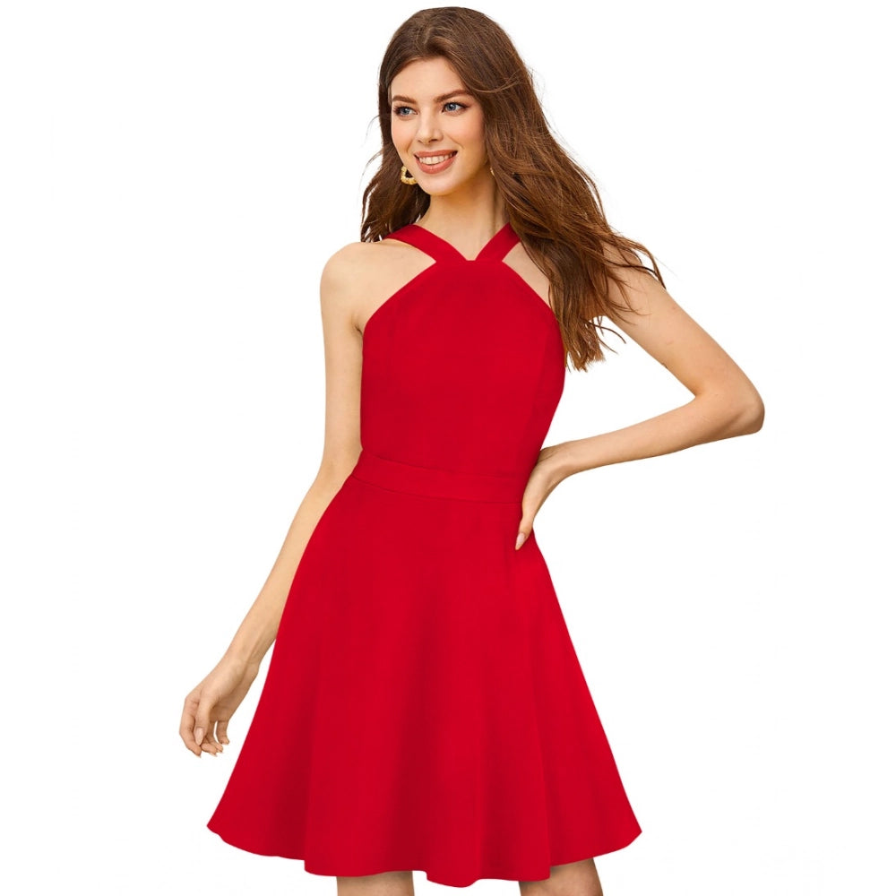 Women's Knitting strachable Solid Halter Neck Sleeveless Dresses (Red )